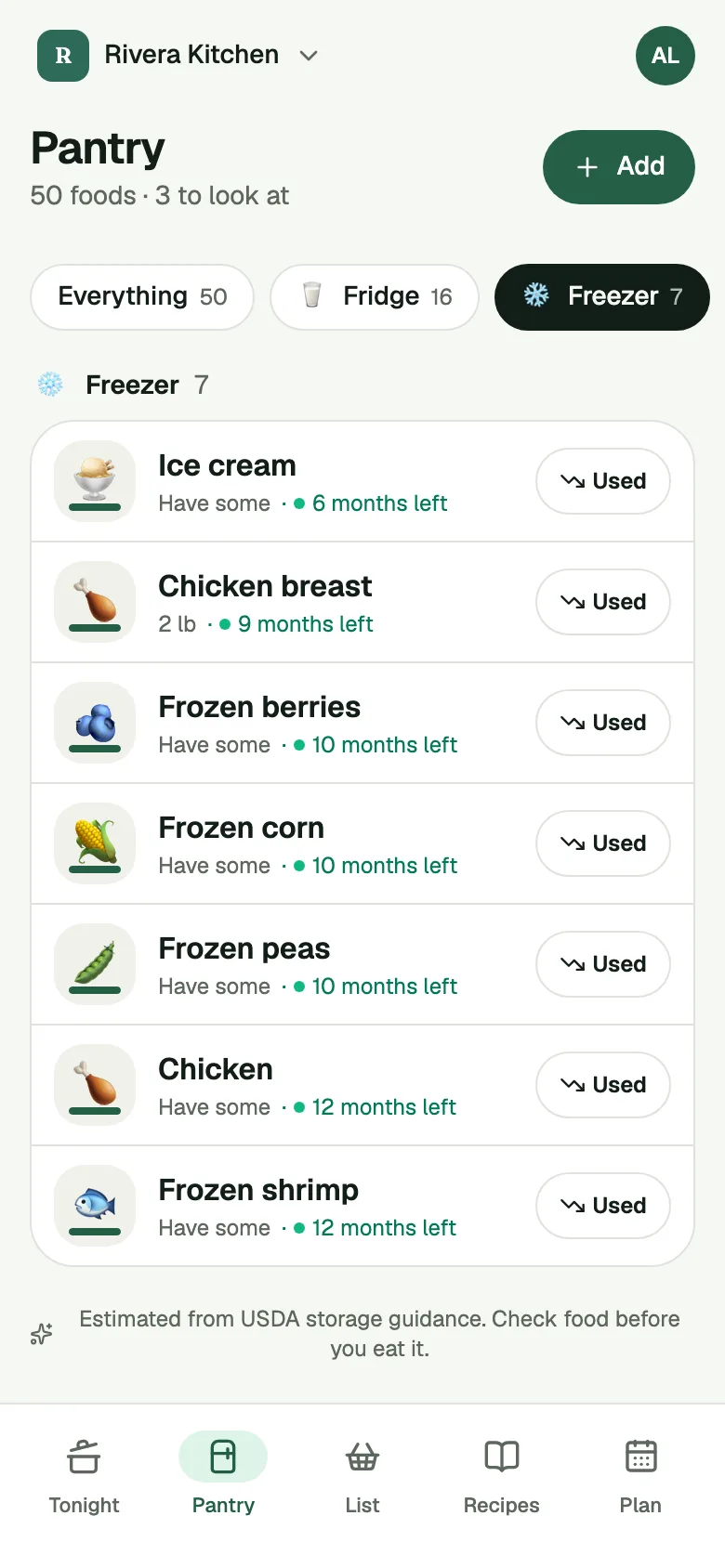 The Pantry's Freezer tab listing seven foods, each with its amount and how long it keeps, like Ice cream, 6 months left.