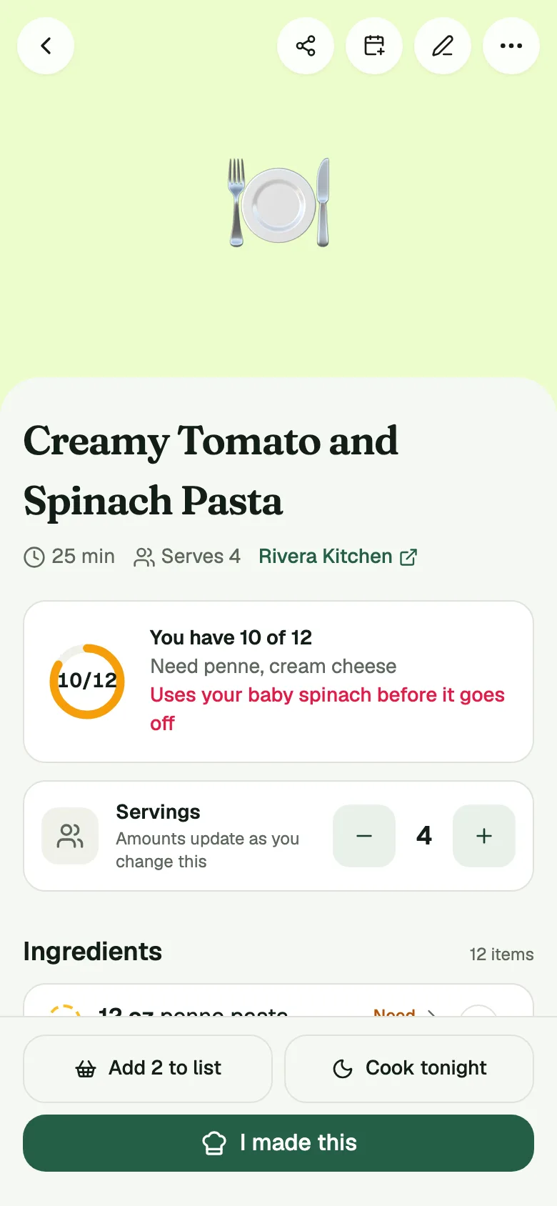A recipe imported from a pasted link in the app: its name, time and servings, and a count of how many of the 12 ingredients are already in the pantry.