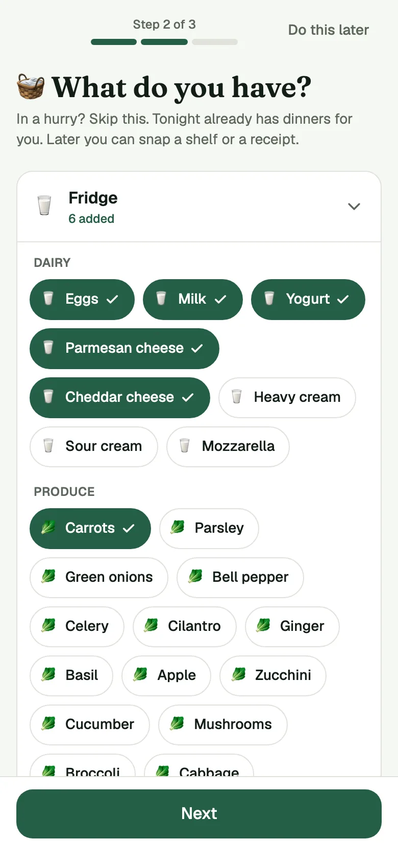 Setup's What do you have? screen, with six fridge foods tapped: eggs, milk, yogurt, parmesan, cheddar and carrots.
