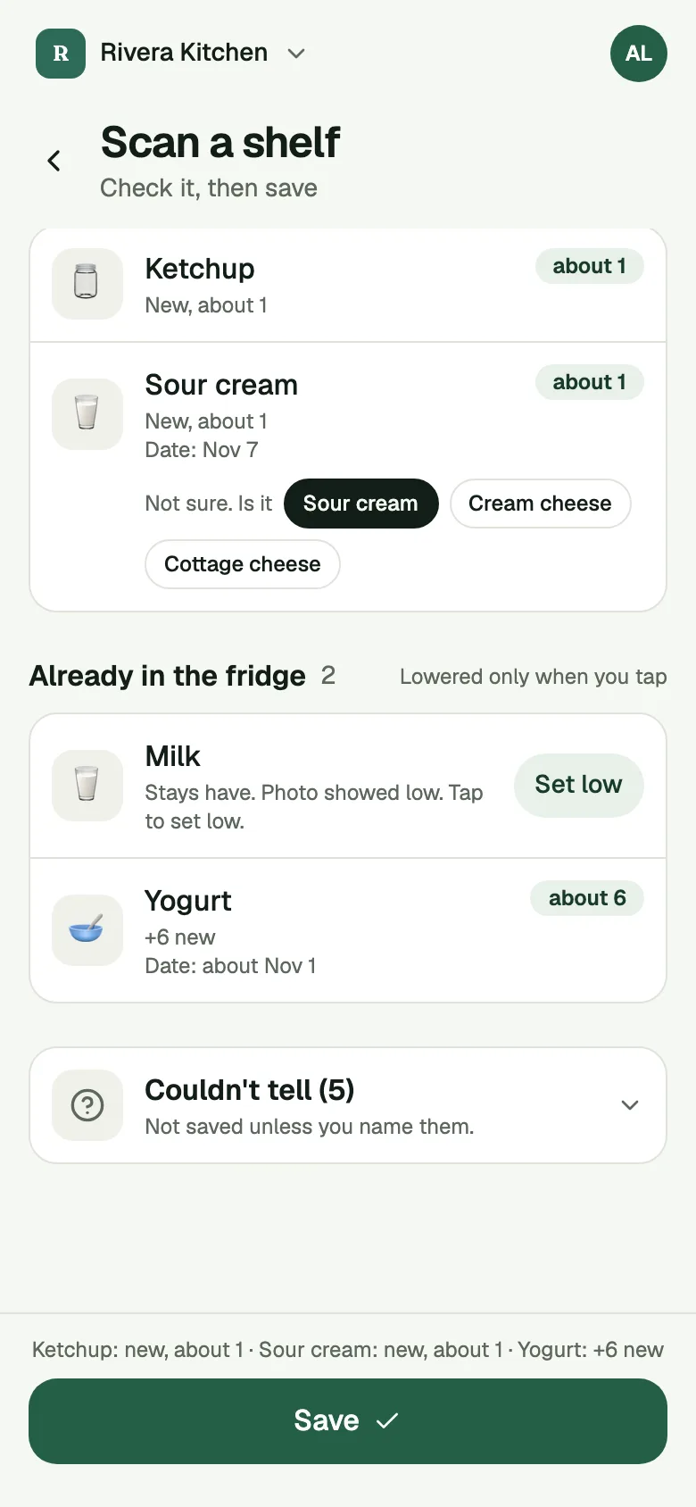 Shelf Scan results listing what it saw, with a Couldn't tell row for one item.
