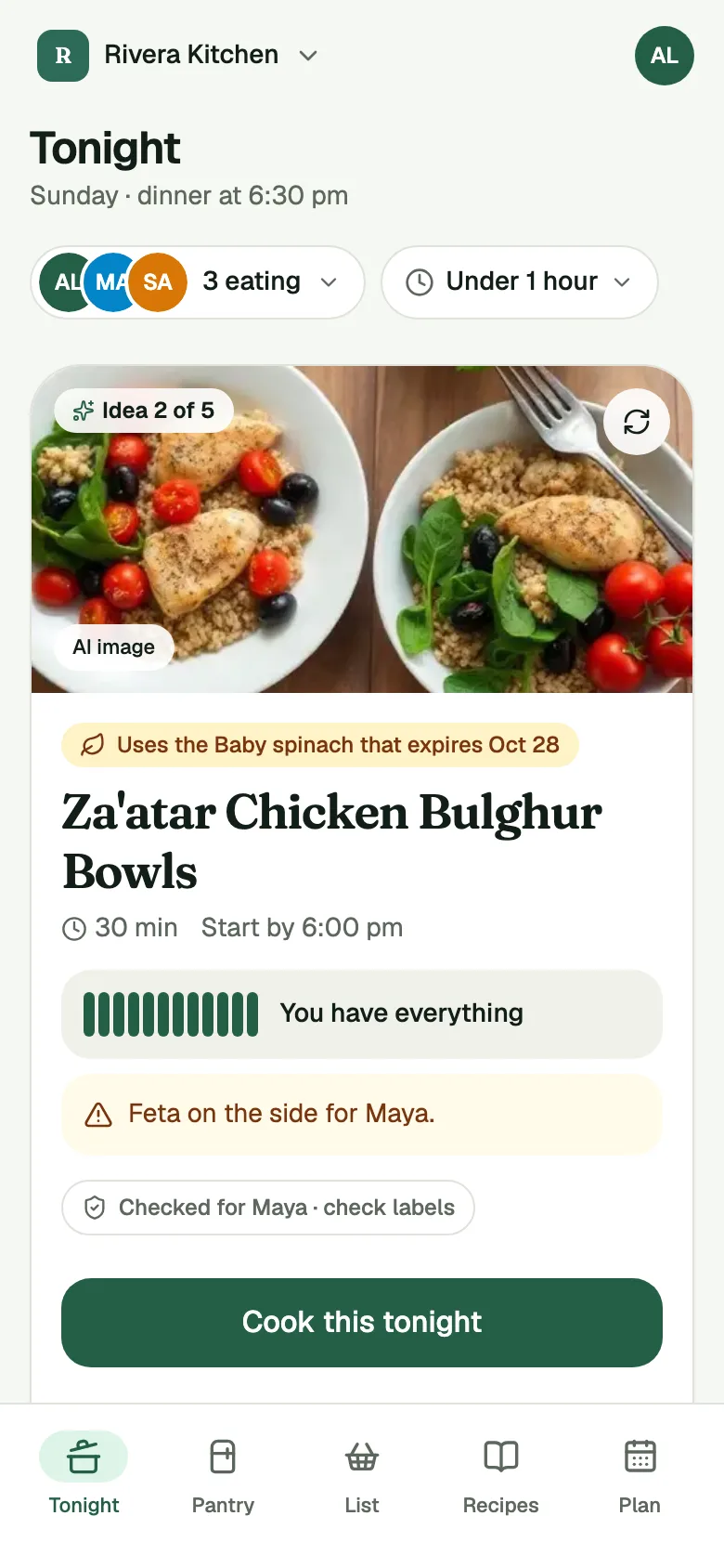 A Pantry Assistant dinner card for tonight, with a yellow mark on one food.