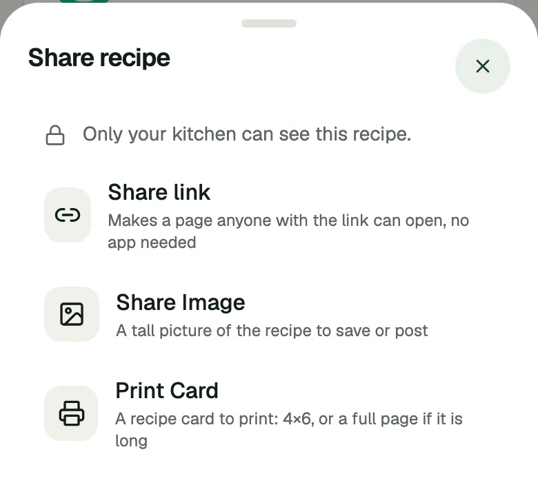 The app's Share recipe menu: Share link, Share Image and Print Card.